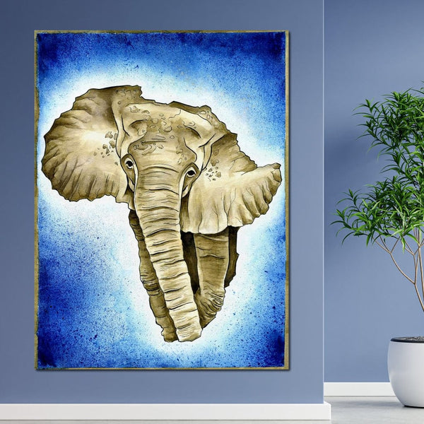 tablou canvas cu un elefant african pe fundal albastru