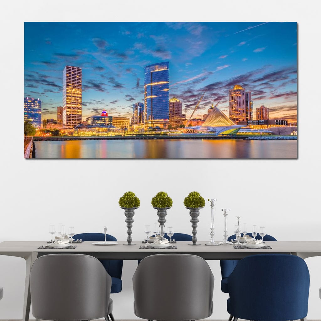 Tablou Canvas Premium, LuxCanva® O1057, Orasul care Straluceste, Lumini, Urban, Milwaukee, Nori, Metropola, Apis, Apa, Panorama, Vibratie, Orizont, Tablou, Plimbare, Birou, Living, Dormitor