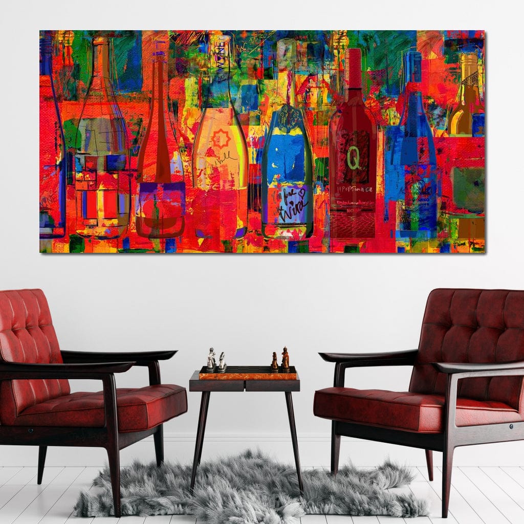 tablou canvas cu sticle de bautura, pictate in stil graffiti in culori multiple, intr-un cadru urban