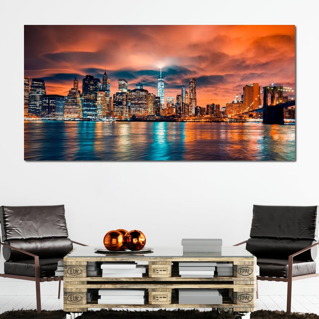 Tablou Canvas Premium, LuxCanva® O1004, Podul Brooklyn, New York, Noapte, Magie, Oras, Metropola, Energie, Vedere, Zbor, Zgarie-Nori, Elegant, Speranta, Lumini, Living, Dormitor, Birou