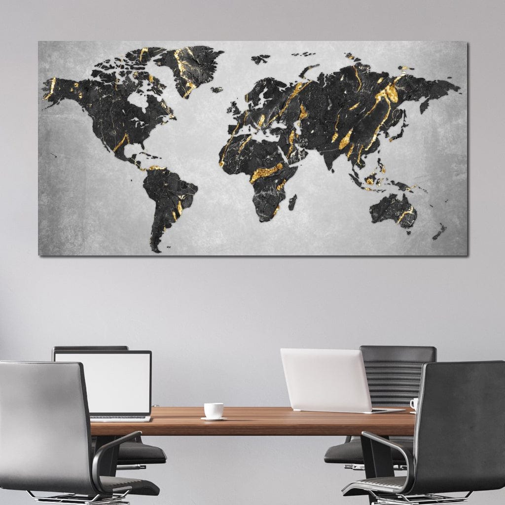 tablou canvas cu harta lumii stilizata in negru si auriu