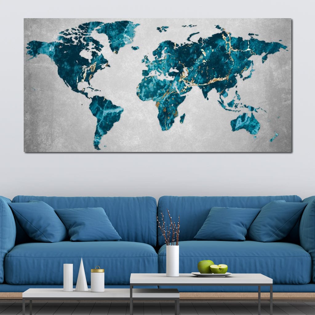 tablou canvas cu harta lumii in nuante de turcoaz si auriu cu aspect de marmura