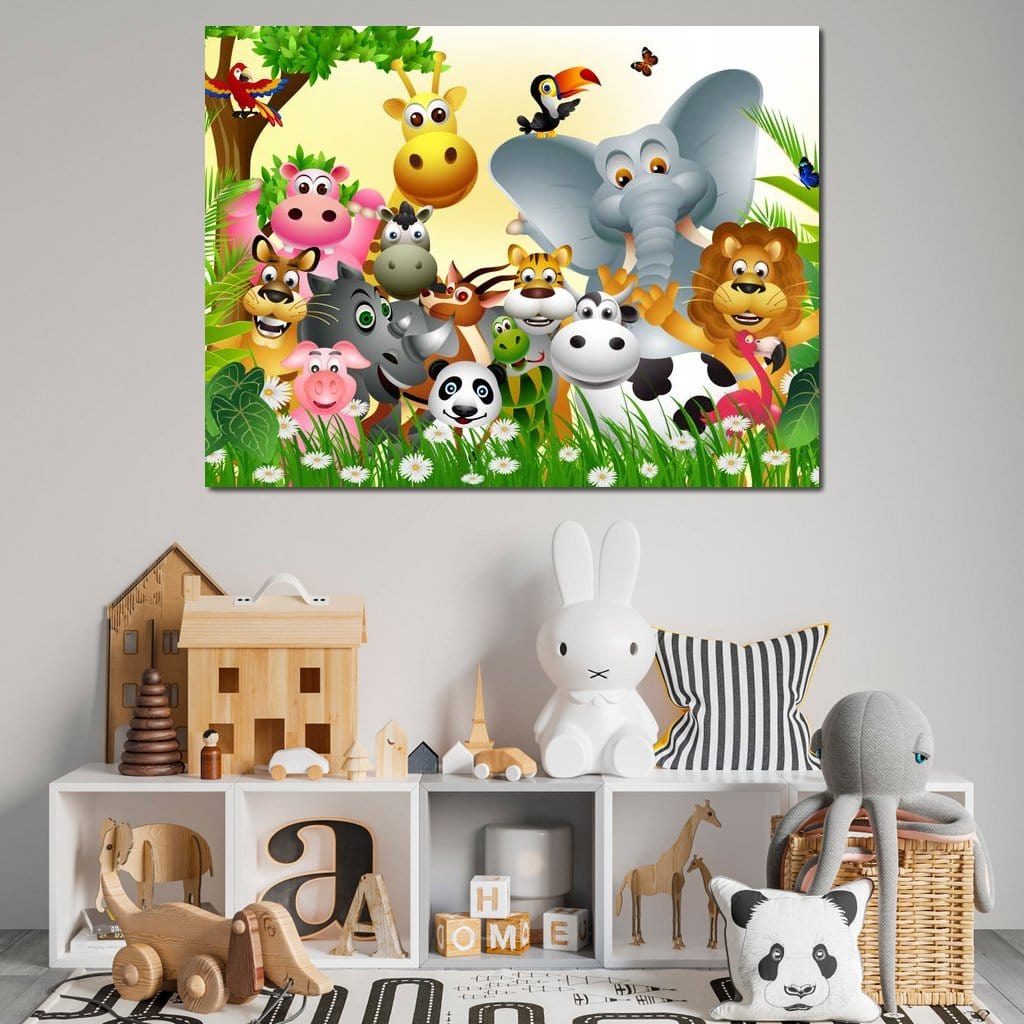 Tablou Canvas Premium, LuxCanva® K1022, Prietenii Veseli din Jungla, Animale, Desene Animate, Jungla, Colorat, Veselie, Gradinita, Educativ, Natura, Cresa, Girafa, Leu, Camera Copii
