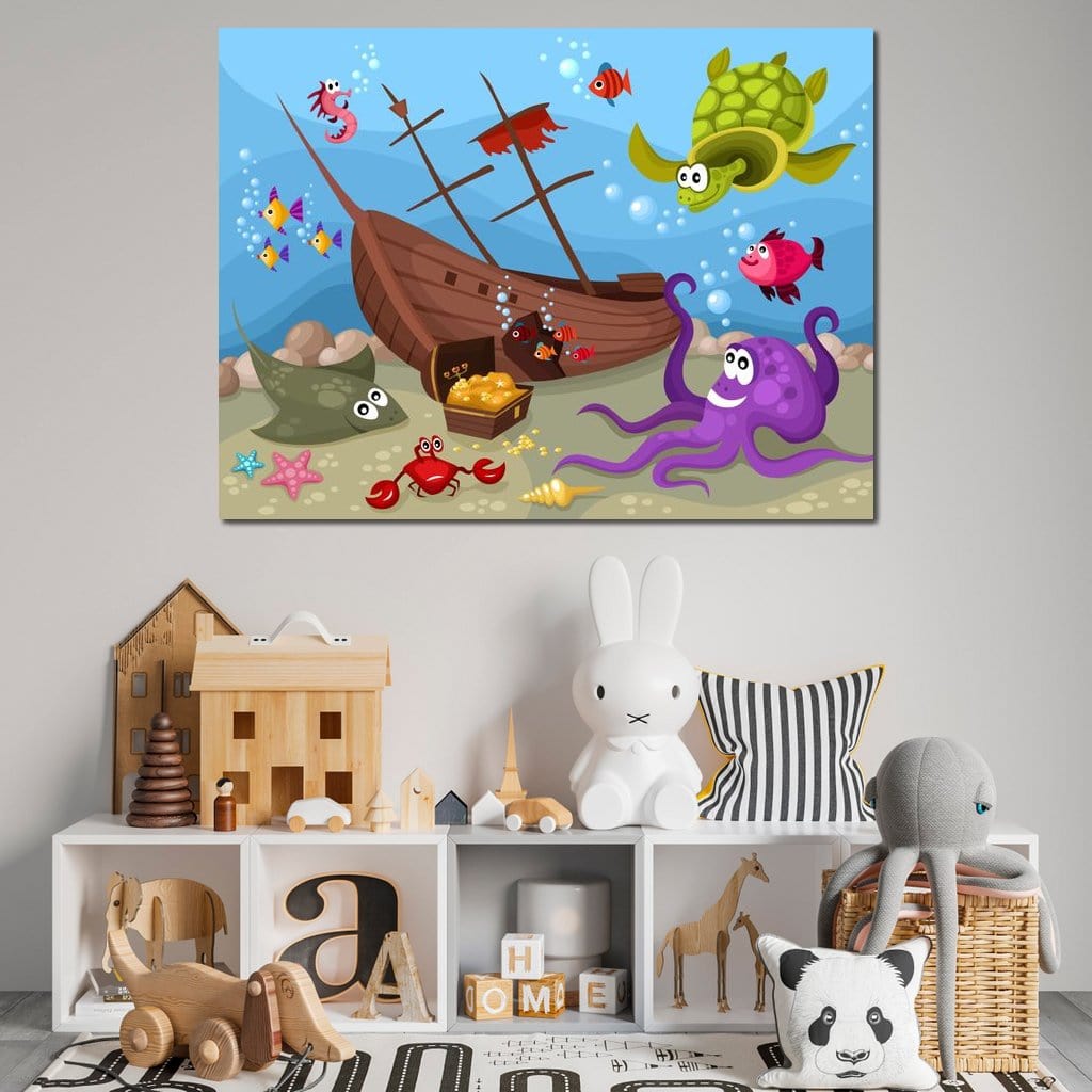 Tablou Canvas Premium, LuxCanva® K1023, Prietenii Marii, Comoara, Adancuri, Aventuri, Mare, Epava, Gradinita, Fermecata, Oceanic, Cresa, Corabie, Pesti, Crabi, Caracatita, Camera Copii