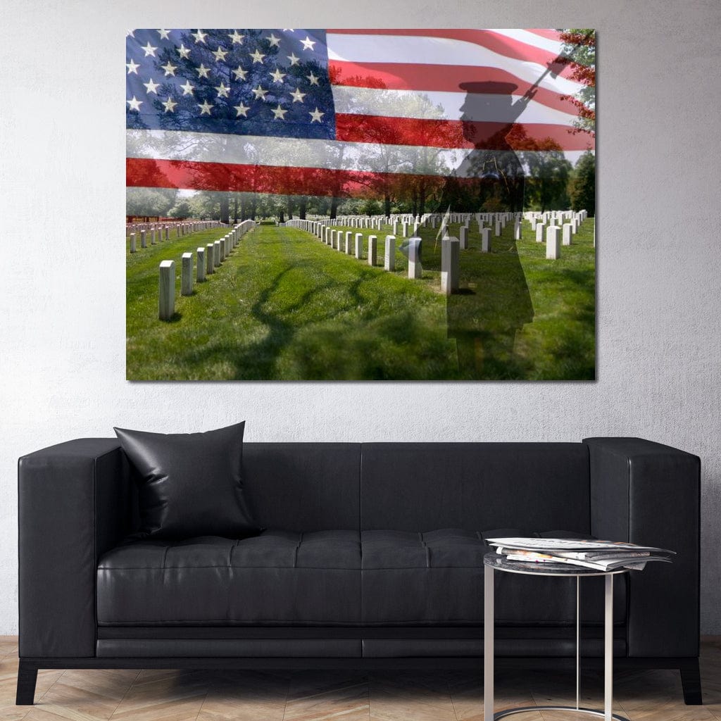 tablou canvas cu umbra unui soldat si steagul american intr-un cimitir militar