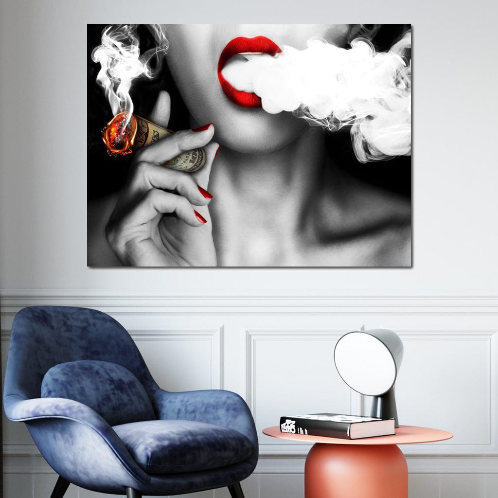 Tablou Canvas Premium LuxCanva® G1028, Bani, Fum si Dorinta ,  Bani, Extravagant, Fum, Buze, Tigara, Interzis, Seductie, Rosii, Living, Dormitor