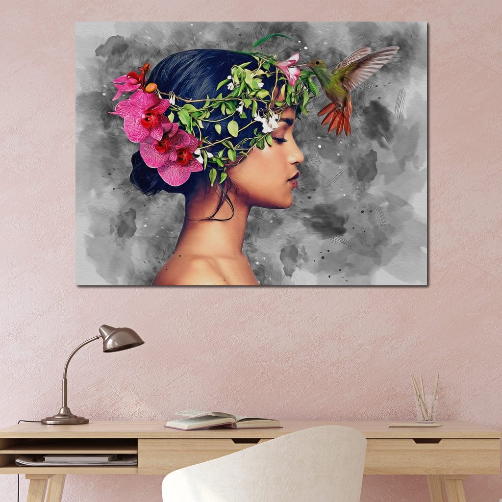 Tablou Canvas Premium, LuxCanva® G1107, Fata si Pasarea Colibri, Natura, Pasare, Flori, Aripi, Poetic, Frumusete, Feminitate, Zbor, Living, Dormitor