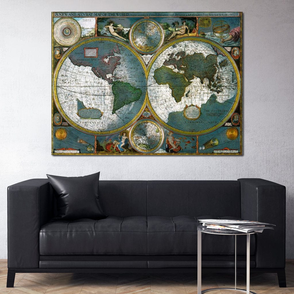 tablou canvas cu harta veche a lumii in stil cartografic