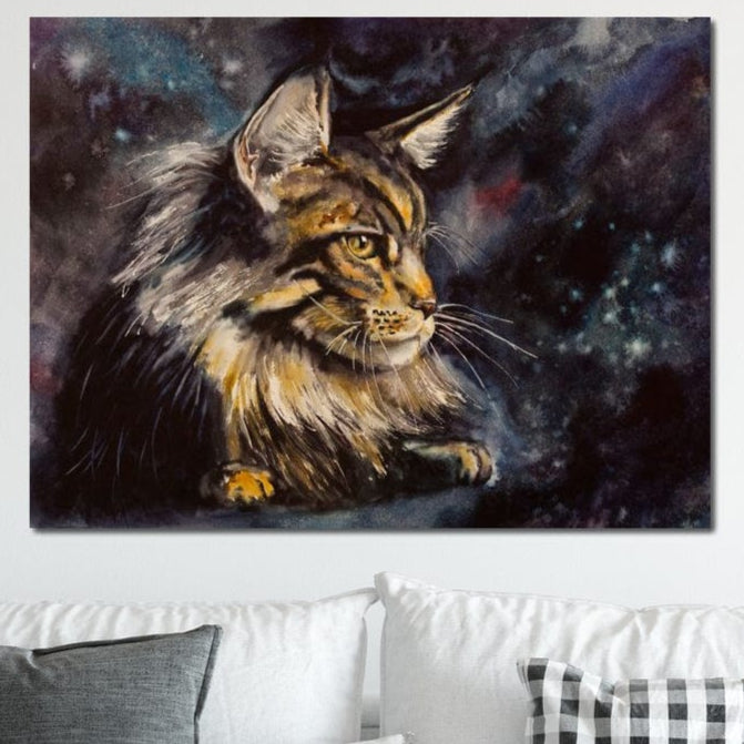 tablou canvas cu un cap de pisica, pe fundal cosmic plin de stele si multicolor