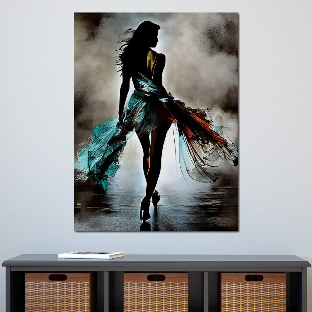 Tablou Canvas Premium, LuxCanva® G1205, Pasi peste Oglinda, Silueta, Pdium, Moda, Manechin, Oniric, Rochie, Voal, Fluiditate, Reflexii, Scenic, Pasi, Tocuri, Birou, Living, Dormitor