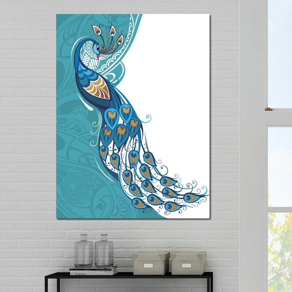 tablou canvas cu un paun albastru realizat in design abstract, pe fundal deschis in nuante de turcoaz si alb