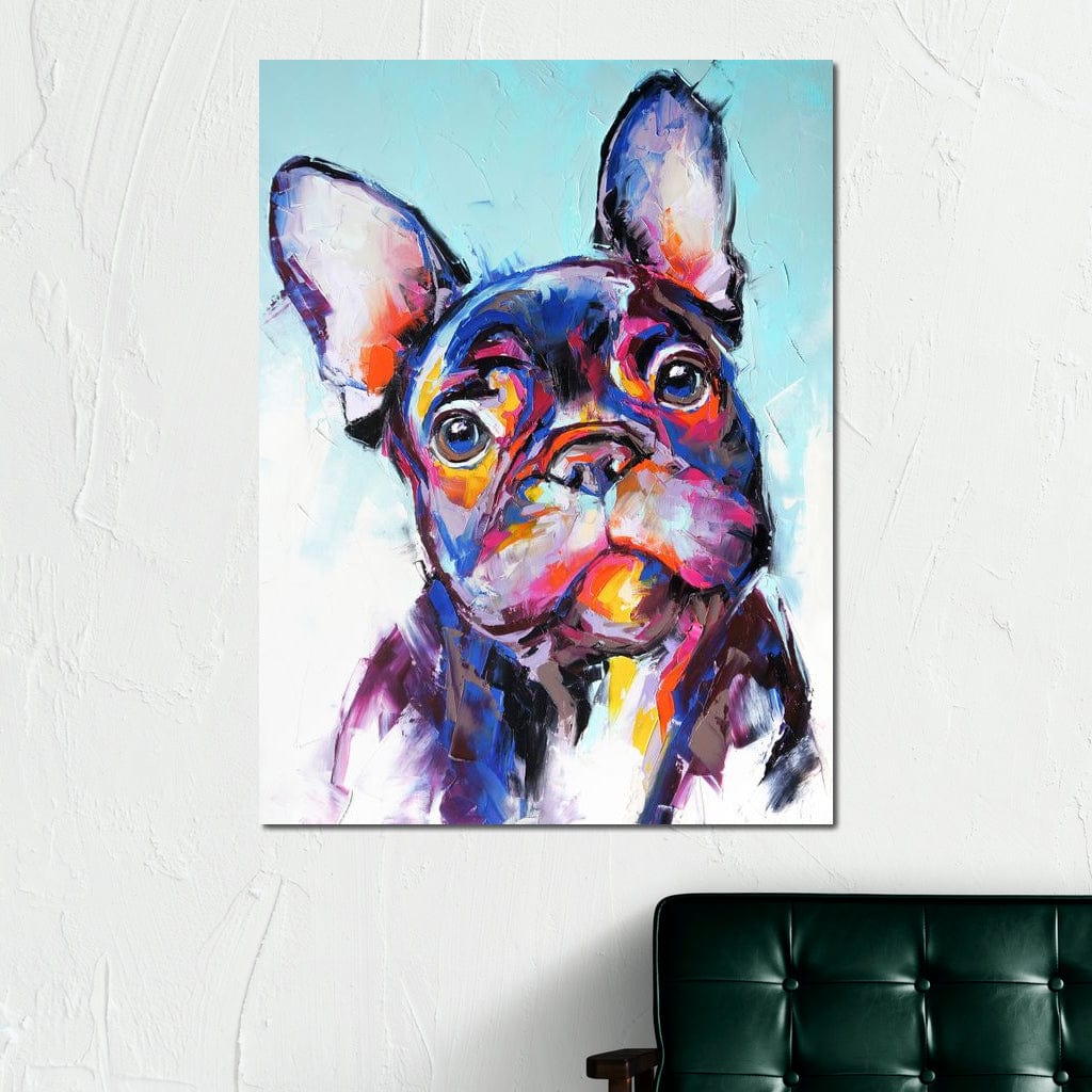 tablou canvas cu un bulldog francez redat in nuante vibrante de violet, albastru, galben si roz, pe fundal deschis