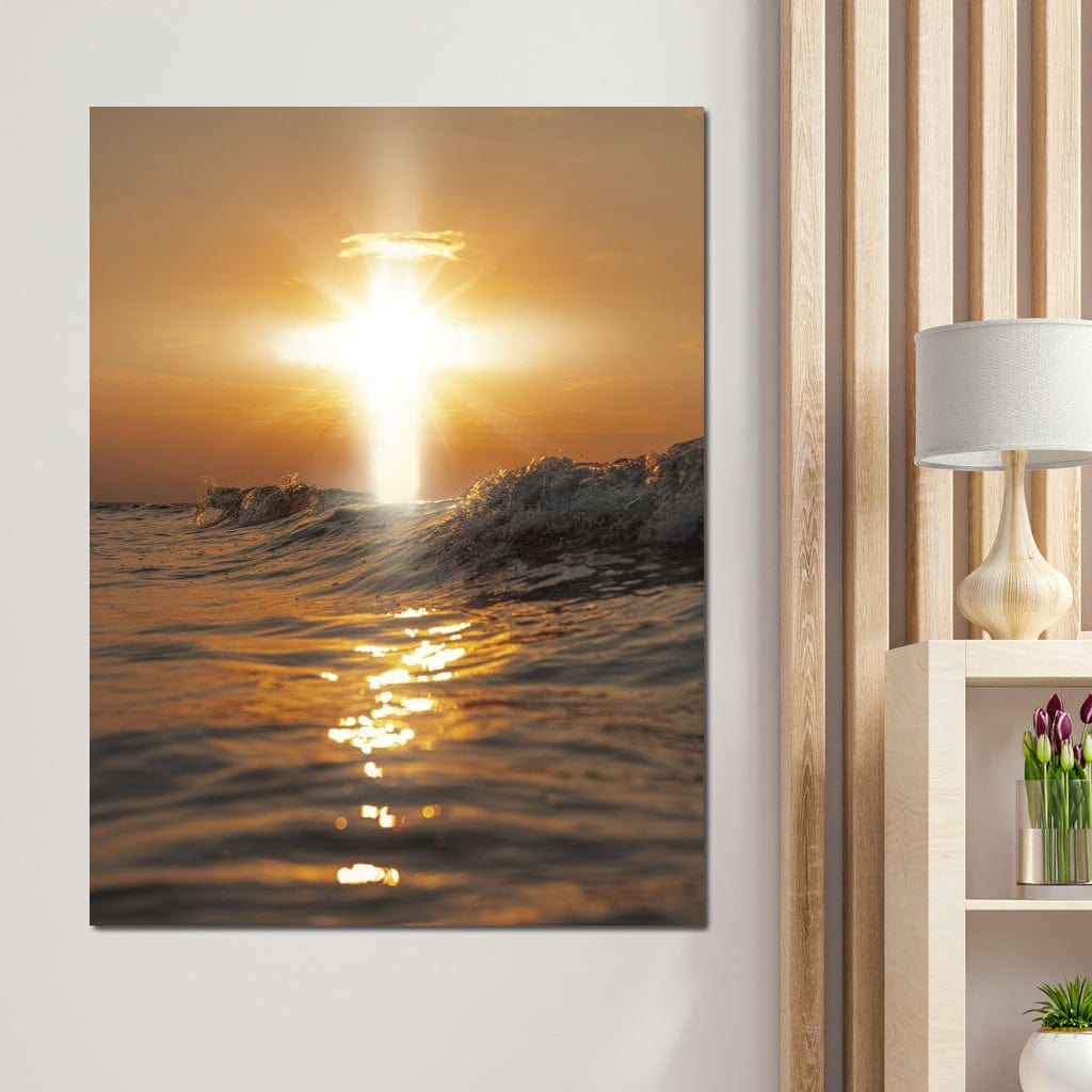 Tablou Canvas Premium LuxCanva® H1019 Lumina Sfanta pe Ape , Apus, Cruce, Spritual, Valuri, Pace, Suflet, Ocean, Credinta, Speranta, Living, Dormitor