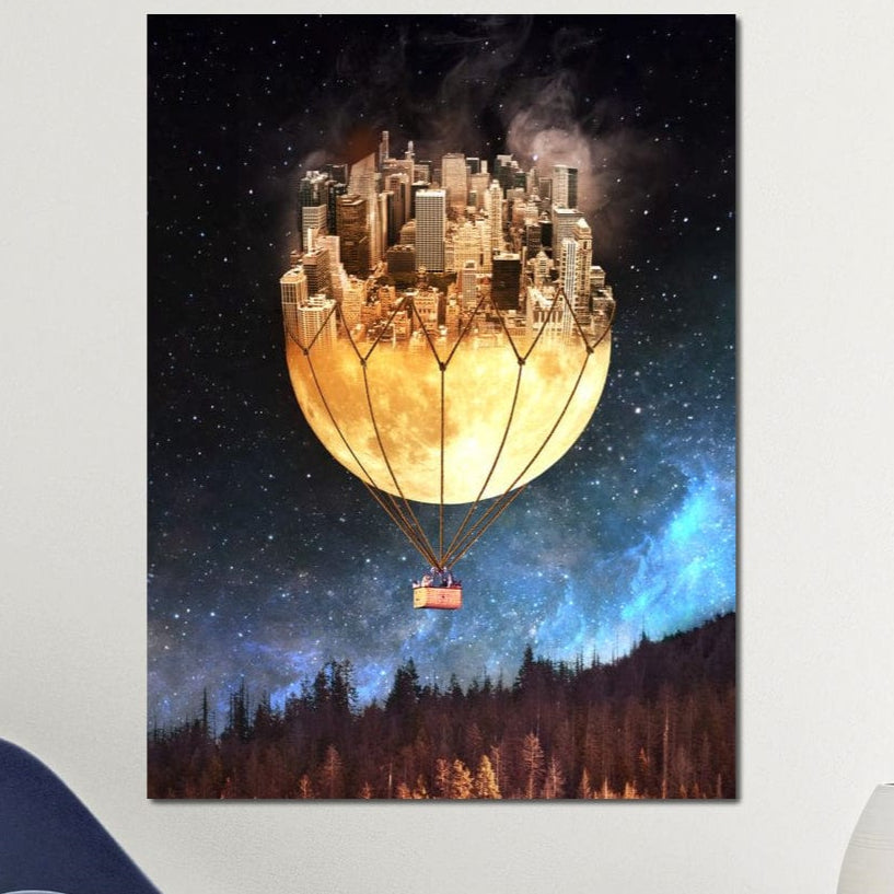 Tablou Canvas Premium, LuxCanva® O1016, Orasul care Zboara, Luna, Balon, Cosmic, Visare, Fantastic, Stele, Cer, Plutire, Suspendat, Univers, Oniric, Imaginar, Calatorie, Case, Birou, Living, Dormitor