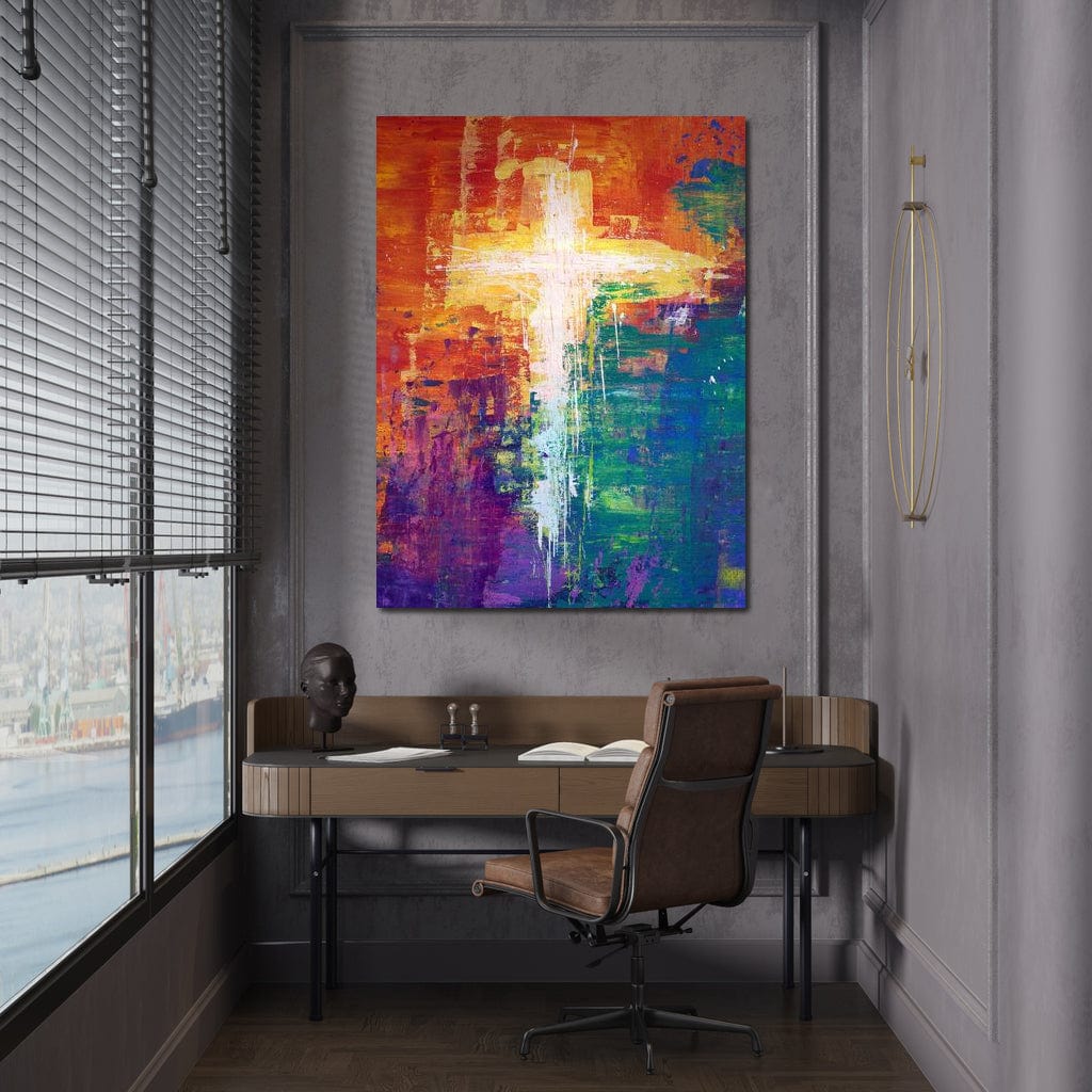 Tablou Canvas Premium LuxCanva® H1014, Lumina Divina in Culori , Lumina, Culori, Credinta, Cruce, Divinitate, Emotie, Simbol, Inspiratie, Living