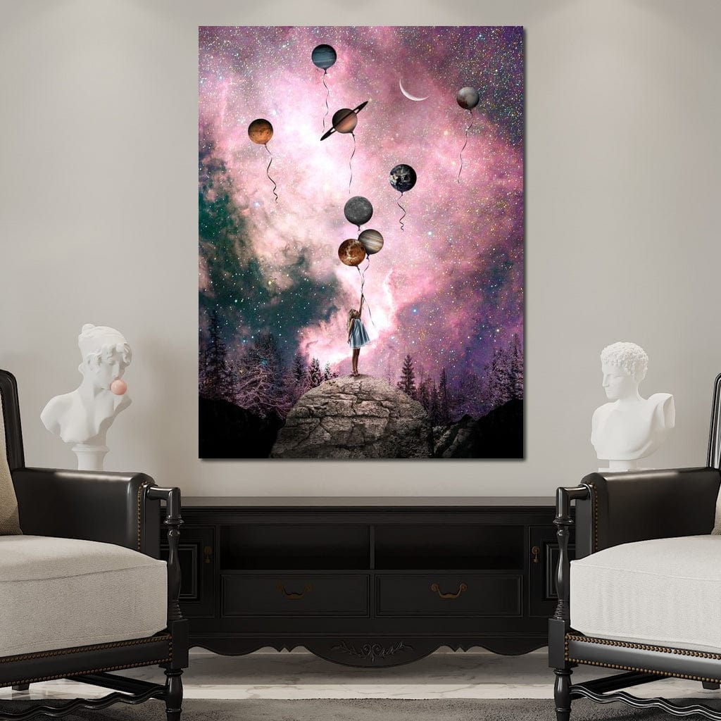 Tablou Canvas Premium, LuxCanva® K1017, Fetita si Planetele,  Univers, Maini, Intinse, Planete, Cosmic, Stele, Ganduri, Dorinte, Emotie, Curaj, Sistem, Solar, Galaxii, Pastel, Camera Copii