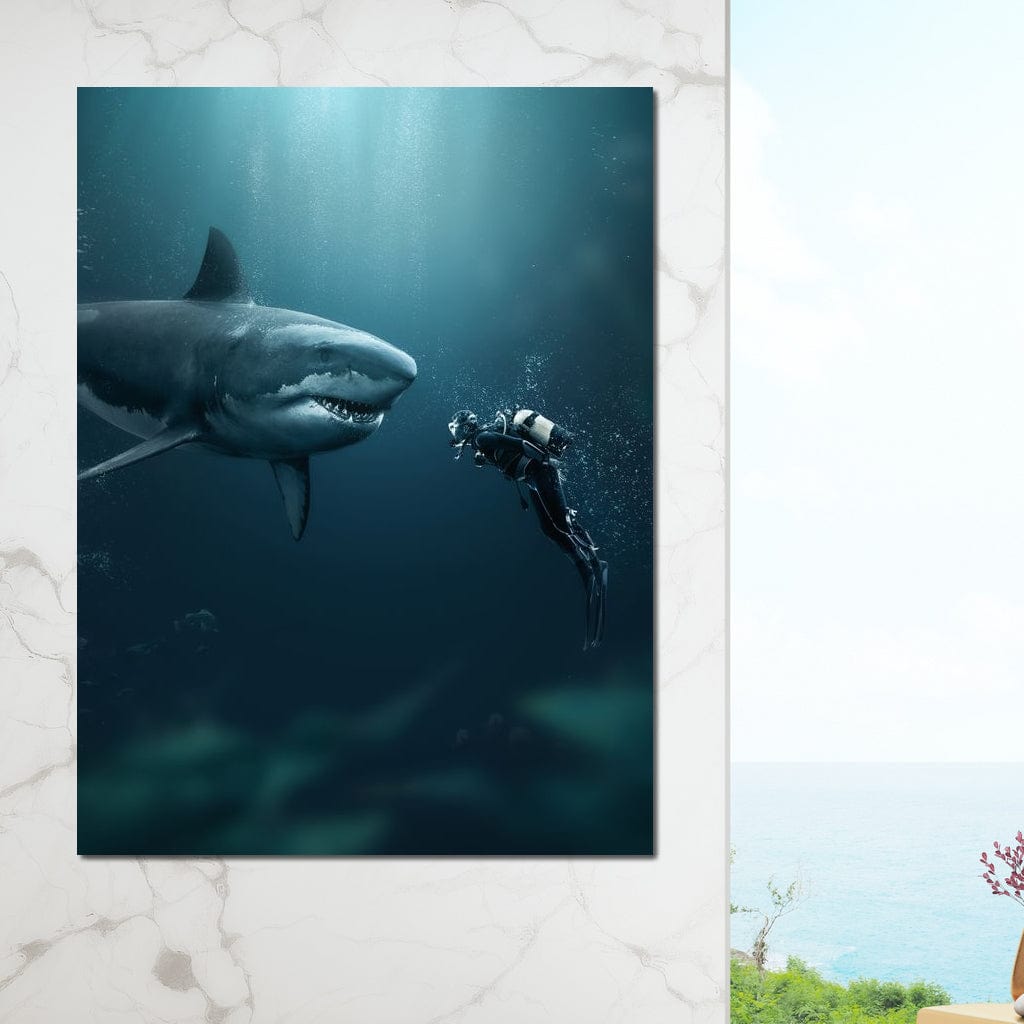 tablou canvas cu un scafandru si un rechin, surprinsi in adancurile unui ocean patruns de lumina