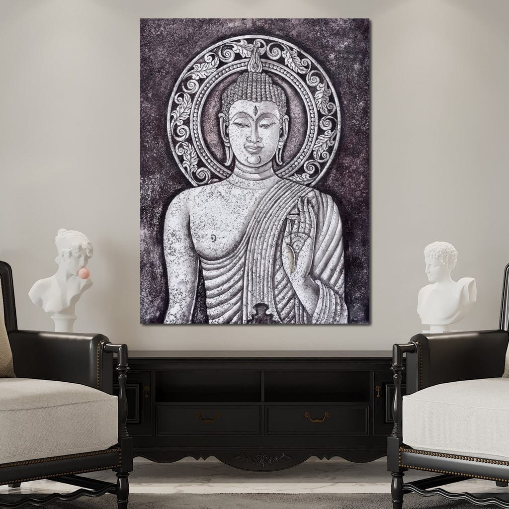 Tablou Canvas Premium LuxCanva® I103, Serenitate in Alb si Negru, Buddha, Zen, Meditatie, Spiritualitate, Liniste, Armonie, Echilibru, Iluminare, Living, Dormitor