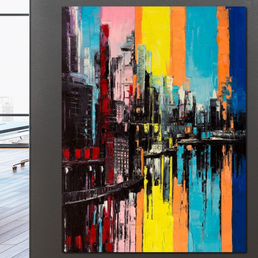 Tablou Canvas Premium, LuxCanva® O1028, Orasul Curcubeu,  Culoare, Reflexie, Urban, Noapte, Cladiri, Metropola, Abstract, Modernitate, Intensitate, Puls, Dinamism, Stralucire, Birou, Living, Dormitor