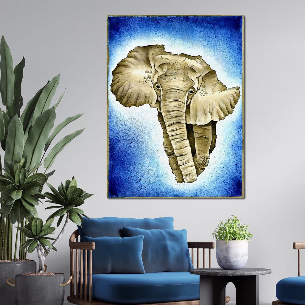 tablou canvas cu un elefant african pe fundal albastru