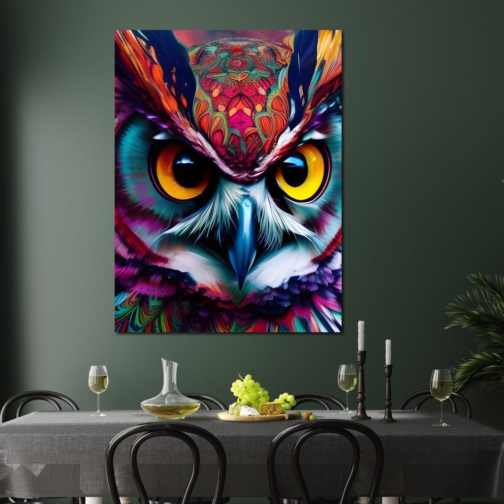 tablou canvas cu o bufnita tribala in culori vibrante redate in stil abstract