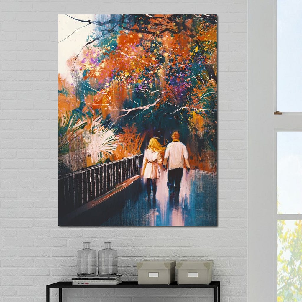 Tablou Canvas Premium LuxCanva® E1034, Tindandu-se de Mana in Parc, Toamna, Ruginiu, Natura, Parc, Cuplu, Living Room, Culori vibrante