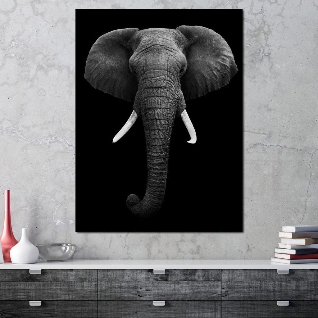 Tablou Canvas Premium, LuxCanva® M1310, Axa Puterii, Alb si Negru, Portret, Impunator, Realist, Elefant, Colti, Trompa, Animal, Simplitate, Vertical, Birou, Living, Camera Copil
