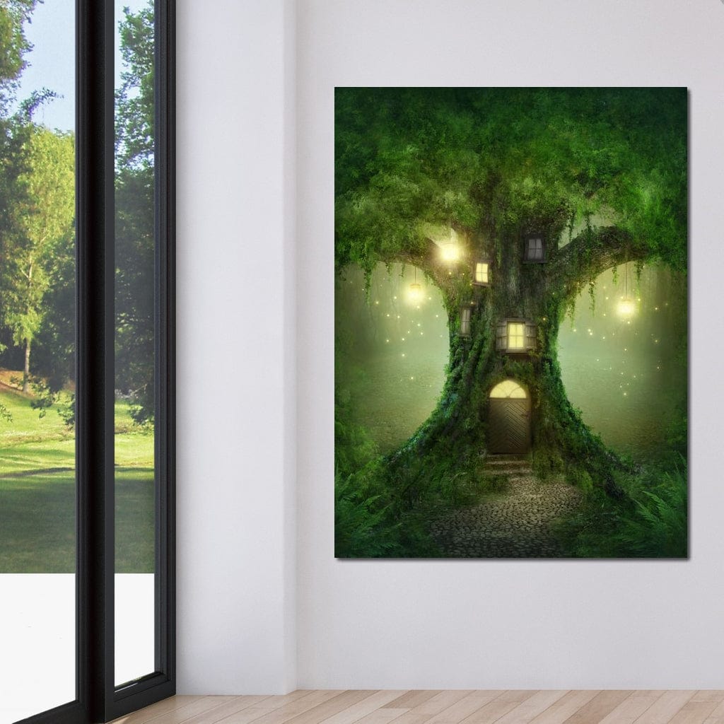 Tablou Canvas Premium, LuxCanva® K1000, Copacul Viselor,  Casuta, Fermecata, Taram, Zane, Verde, Padure, Magie, Vise, Povesti, Fantezie, Spiridusi, Mistic, Camera Copii