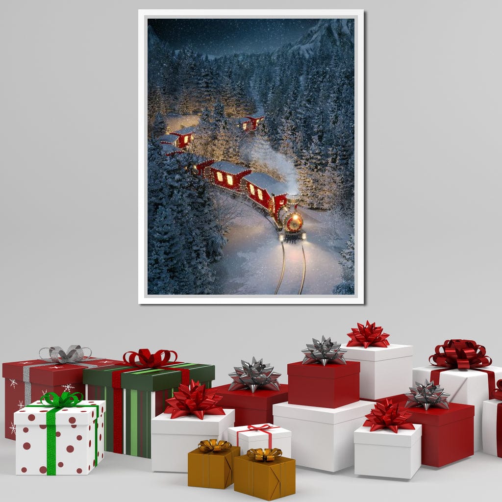 Tablou Canvas Premium LuxCanva® D1000, Trenul lui Mos Craciun , Relaxare, Craciun, Cadouri, Rosu, Zapada, Camera Copii, Culori Vibrante