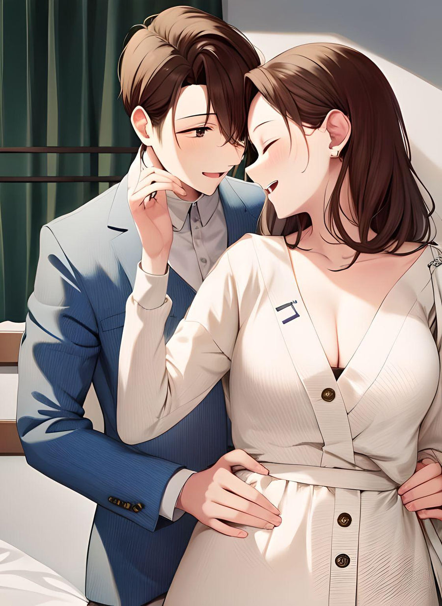 Un cuplu zâmbitor se îmbrățișează afectuos în interior, fericirea și apropierea lor fiind frumos surprinse la fel ca un LuxCanva® Tablou Personalizat Anime Classic Shōnen, perfect ca printuri de calitate pentru casa ta.