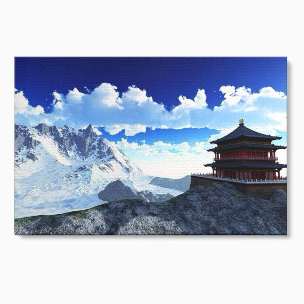 Leinwandbilder Premium LuxCanva® I100, Gipfel Heiligtum, Buddha, Tempel, Berge, Zen, Meditation, Stille, Natur, Spiritualität, Zuflucht, Balance, Wohnen, Schlafzimmer