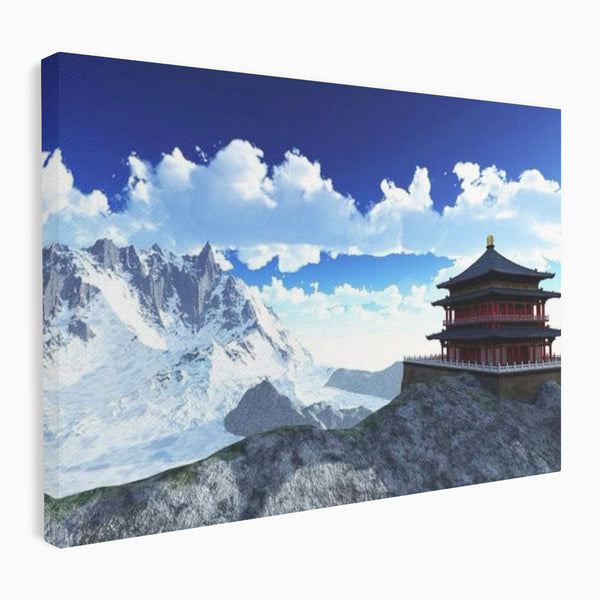 Leinwandbilder Premium LuxCanva® I100, Gipfel Heiligtum, Buddha, Tempel, Berge, Zen, Meditation, Stille, Natur, Spiritualität, Zuflucht, Balance, Wohnen, Schlafzimmer