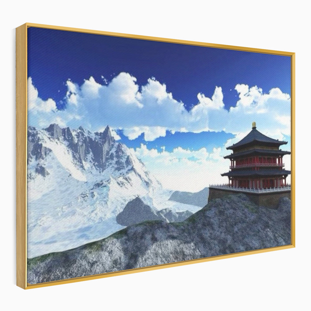 Leinwandbilder Premium LuxCanva® I100, Gipfel Heiligtum, Buddha, Tempel, Berge, Zen, Meditation, Stille, Natur, Spiritualität, Zuflucht, Balance, Wohnen, Schlafzimmer