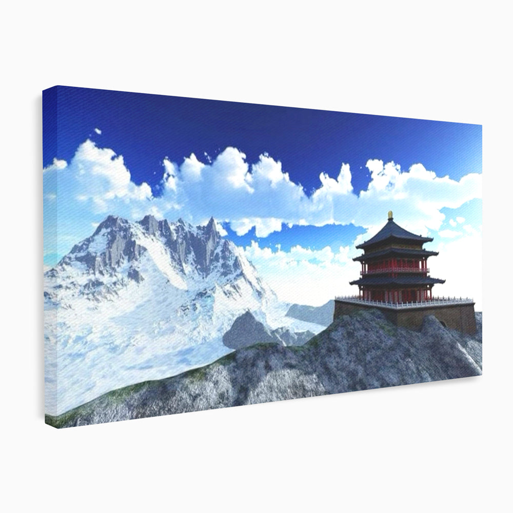 Leinwandbilder Premium LuxCanva® I100, Gipfel Heiligtum, Buddha, Tempel, Berge, Zen, Meditation, Stille, Natur, Spiritualität, Zuflucht, Balance, Wohnen, Schlafzimmer