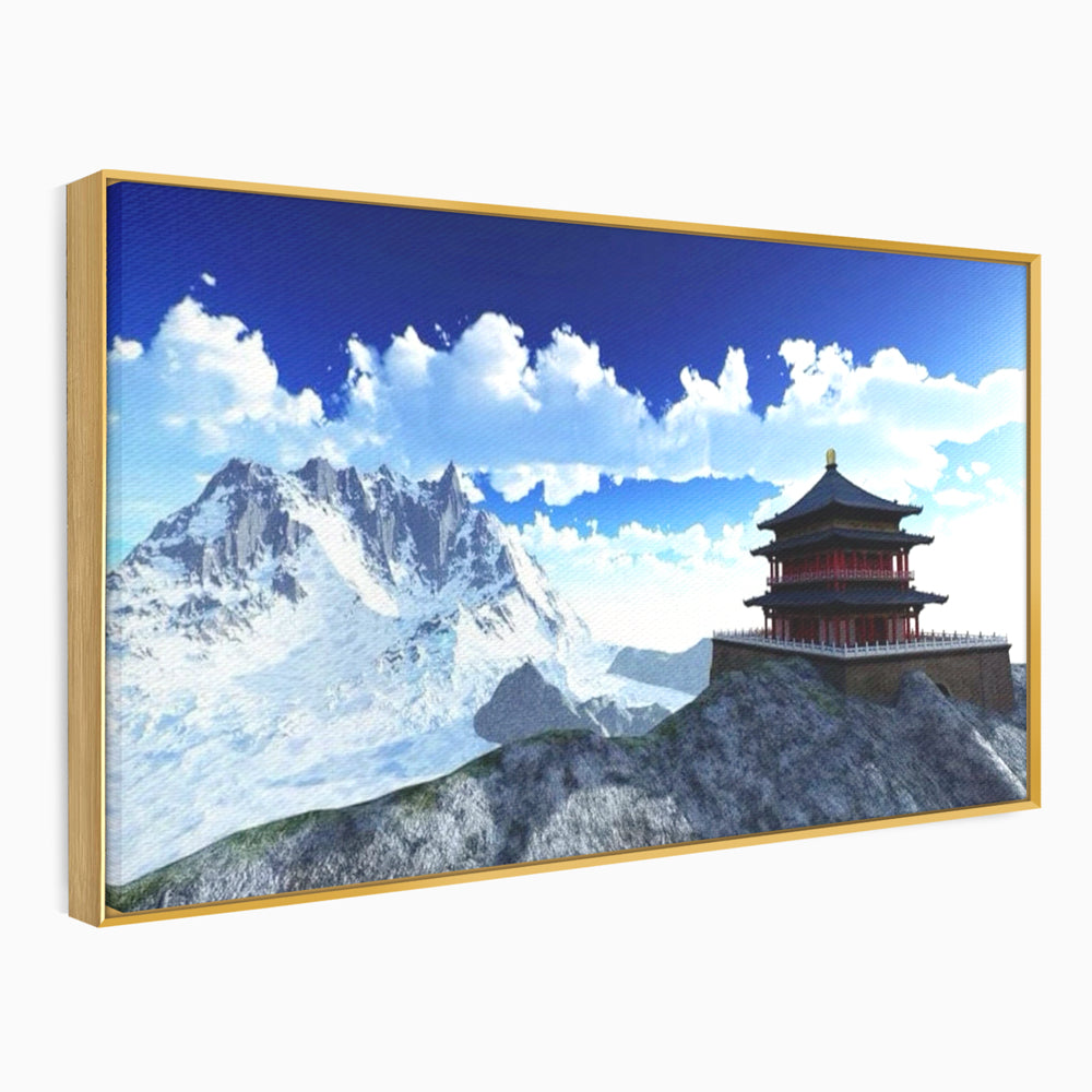 Leinwandbilder Premium LuxCanva® I100, Gipfel Heiligtum, Buddha, Tempel, Berge, Zen, Meditation, Stille, Natur, Spiritualität, Zuflucht, Balance, Wohnen, Schlafzimmer