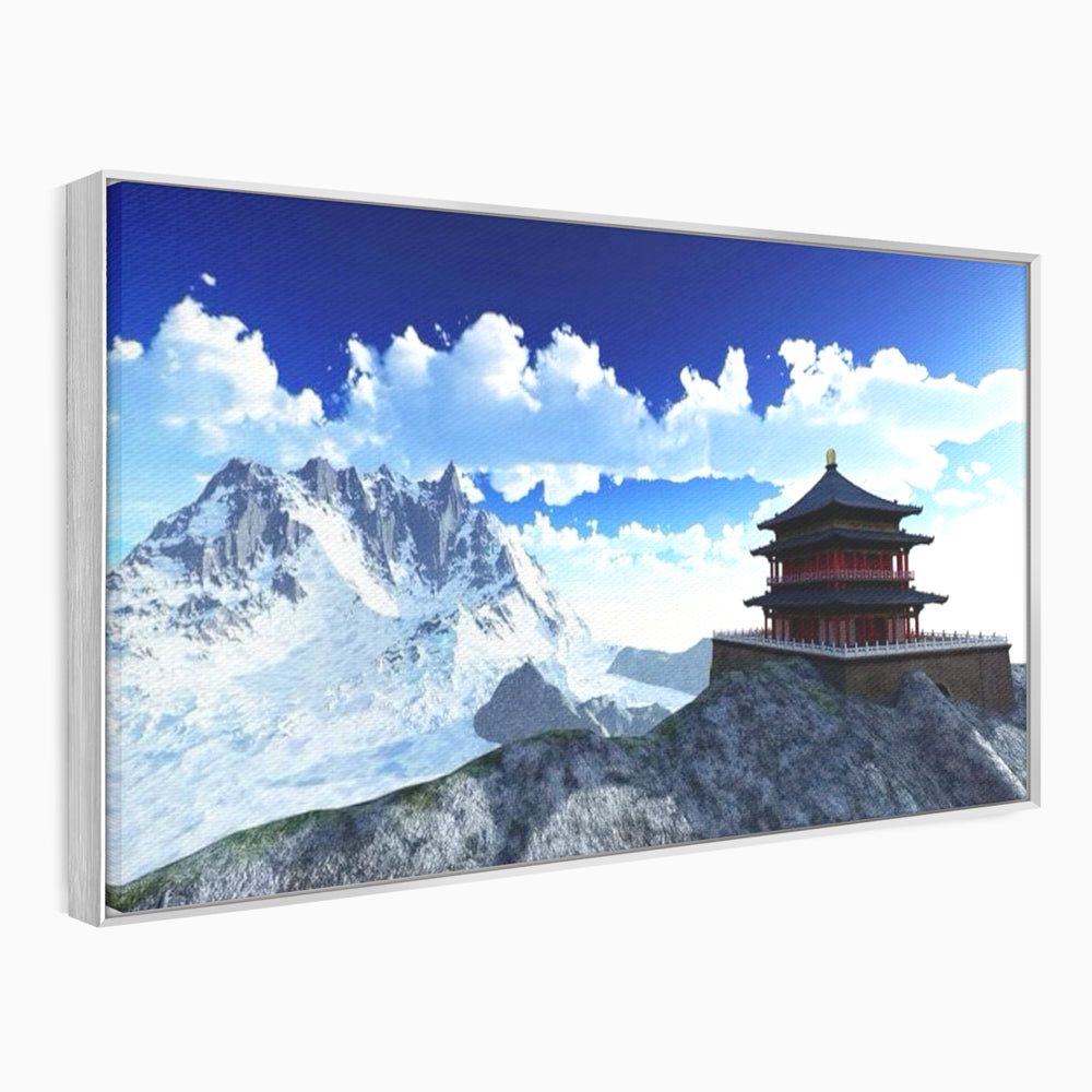 Leinwandbilder Premium LuxCanva® I100, Gipfel Heiligtum, Buddha, Tempel, Berge, Zen, Meditation, Stille, Natur, Spiritualität, Zuflucht, Balance, Wohnen, Schlafzimmer
