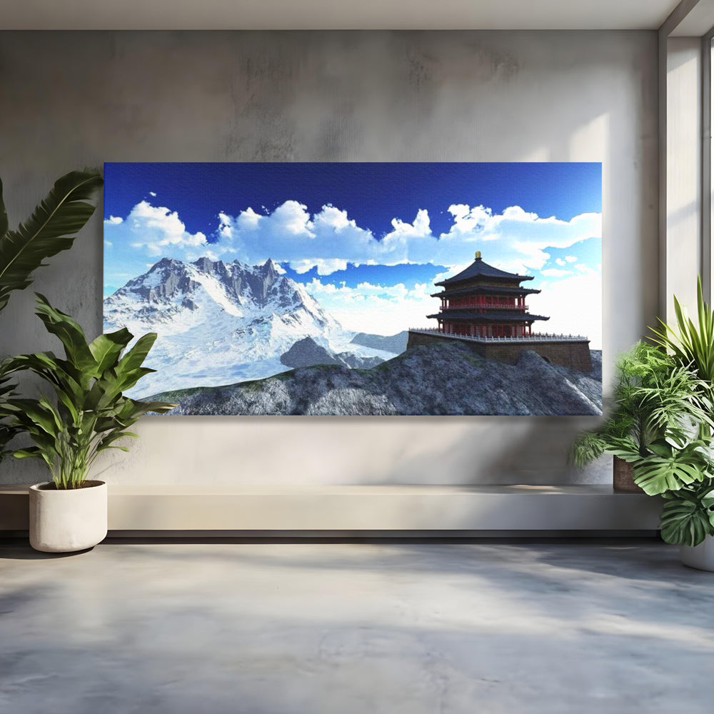 Leinwandbilder Premium LuxCanva® I100, Gipfel Heiligtum, Buddha, Tempel, Berge, Zen, Meditation, Stille, Natur, Spiritualität, Zuflucht, Balance, Wohnen, Schlafzimmer