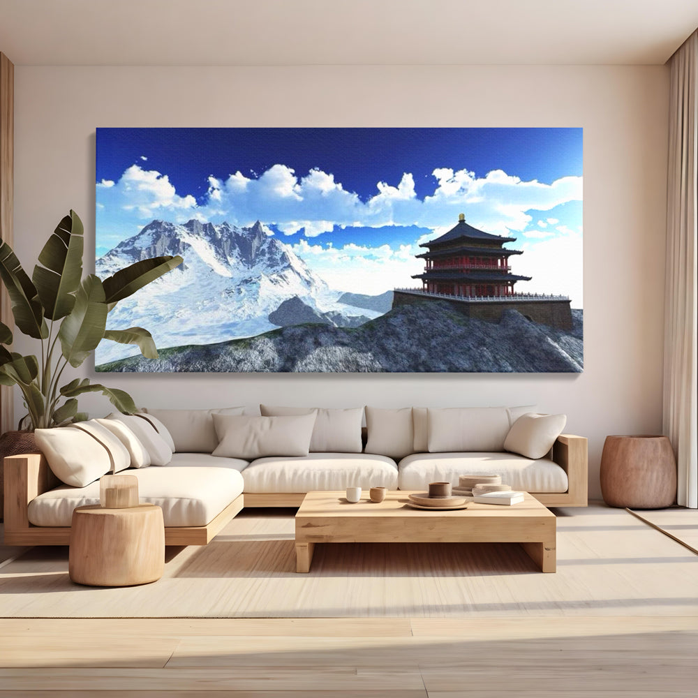 Leinwandbilder Premium LuxCanva® I100, Gipfel Heiligtum, Buddha, Tempel, Berge, Zen, Meditation, Stille, Natur, Spiritualität, Zuflucht, Balance, Wohnen, Schlafzimmer