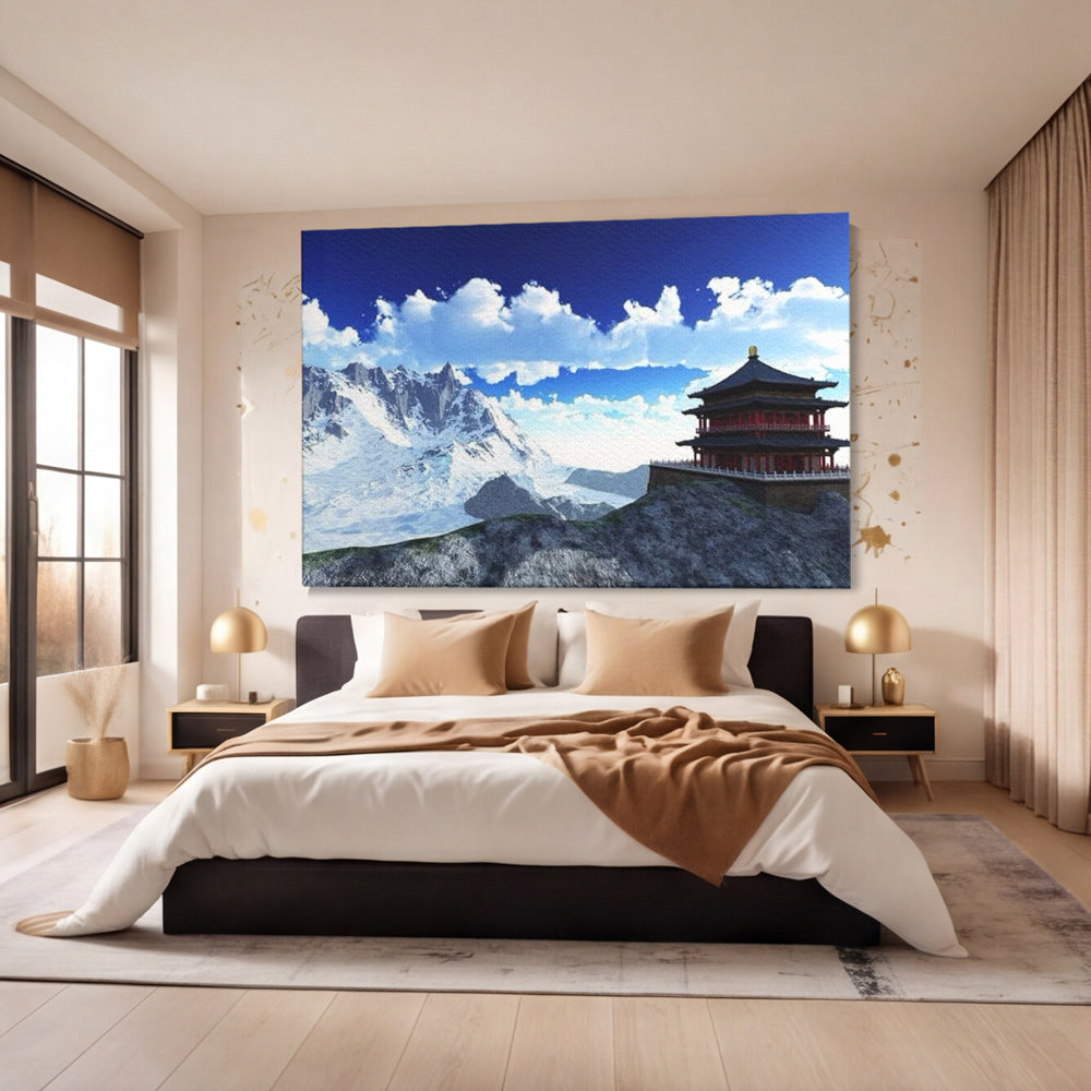 Leinwandbilder Premium LuxCanva® I100, Gipfel Heiligtum, Buddha, Tempel, Berge, Zen, Meditation, Stille, Natur, Spiritualität, Zuflucht, Balance, Wohnen, Schlafzimmer