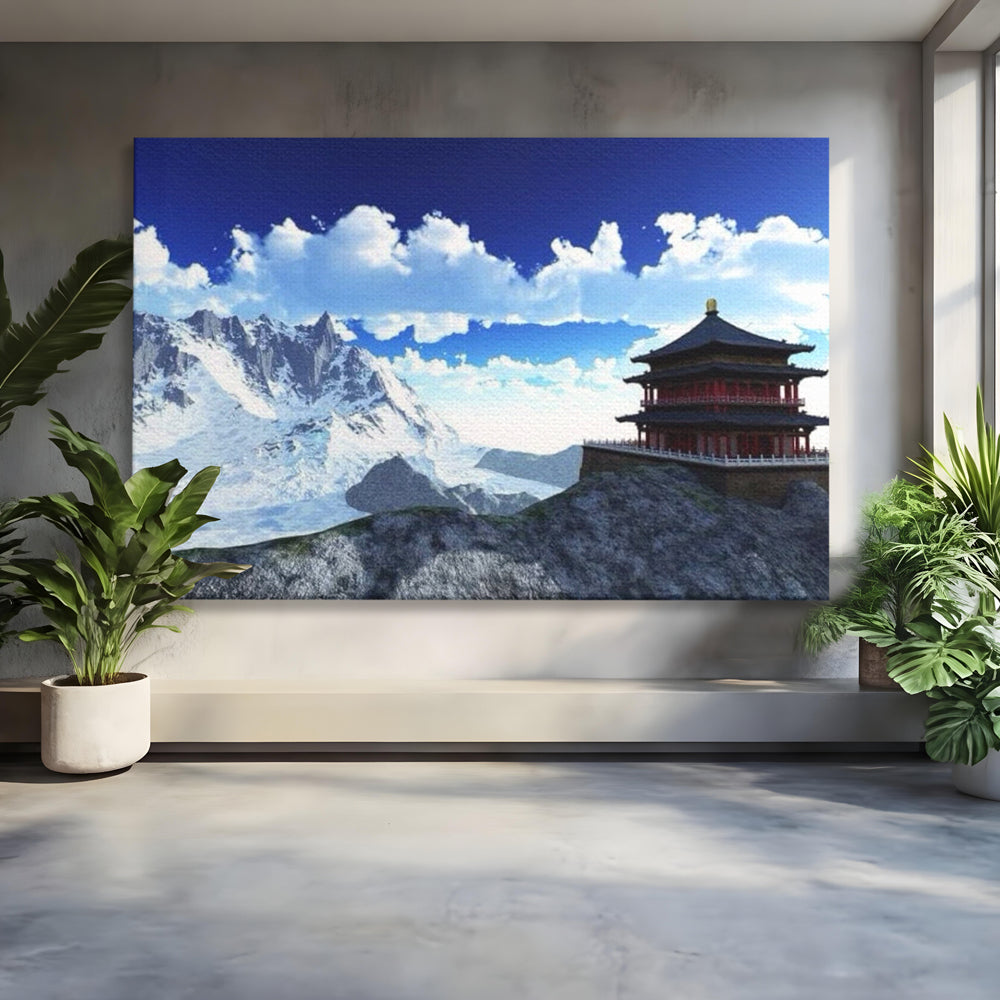 Leinwandbilder Premium LuxCanva® I100, Gipfel Heiligtum, Buddha, Tempel, Berge, Zen, Meditation, Stille, Natur, Spiritualität, Zuflucht, Balance, Wohnen, Schlafzimmer