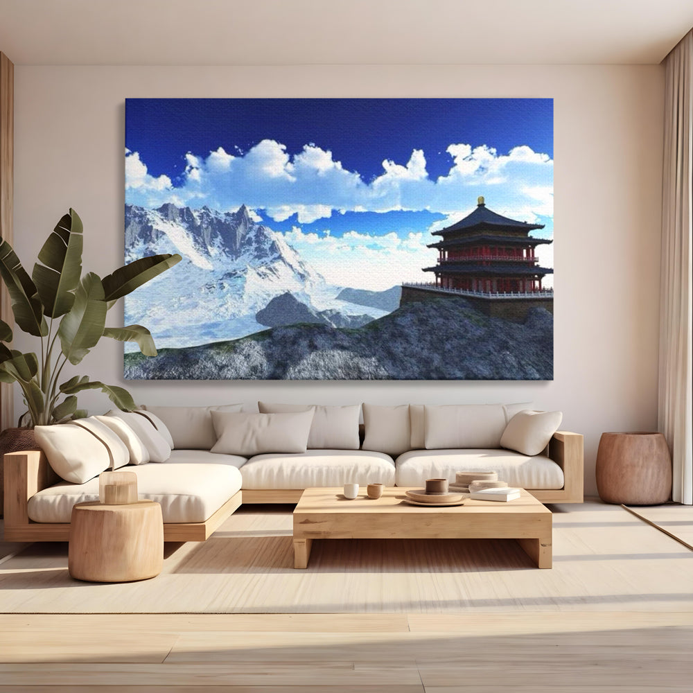 Leinwandbilder Premium LuxCanva® I100, Gipfel Heiligtum, Buddha, Tempel, Berge, Zen, Meditation, Stille, Natur, Spiritualität, Zuflucht, Balance, Wohnen, Schlafzimmer