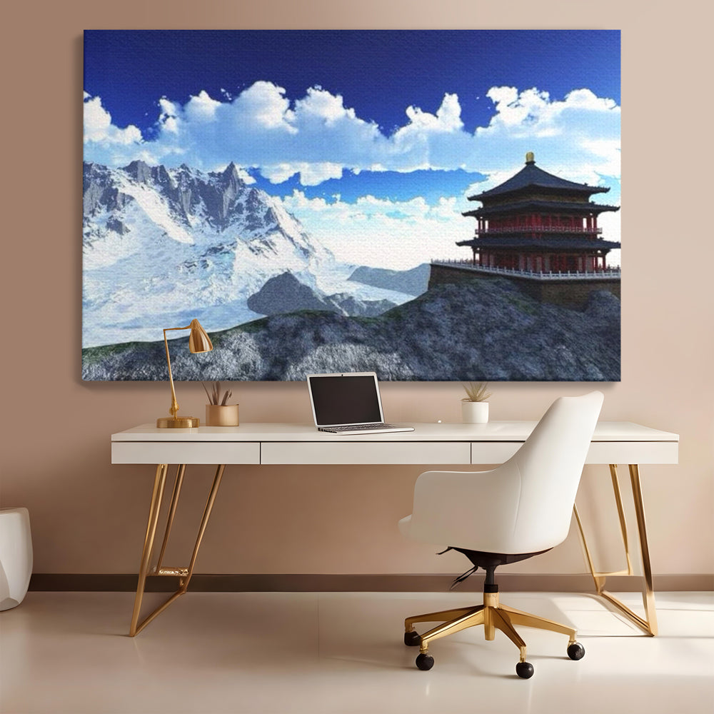 Leinwandbilder Premium LuxCanva® I100, Gipfel Heiligtum, Buddha, Tempel, Berge, Zen, Meditation, Stille, Natur, Spiritualität, Zuflucht, Balance, Wohnen, Schlafzimmer
