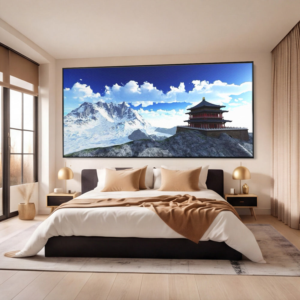 Leinwandbilder Premium LuxCanva® I100, Gipfel Heiligtum, Buddha, Tempel, Berge, Zen, Meditation, Stille, Natur, Spiritualität, Zuflucht, Balance, Wohnen, Schlafzimmer