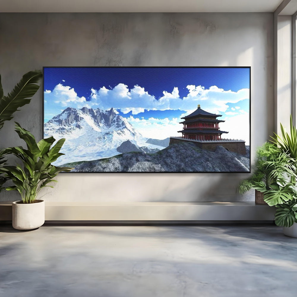 Leinwandbilder Premium LuxCanva® I100, Gipfel Heiligtum, Buddha, Tempel, Berge, Zen, Meditation, Stille, Natur, Spiritualität, Zuflucht, Balance, Wohnen, Schlafzimmer