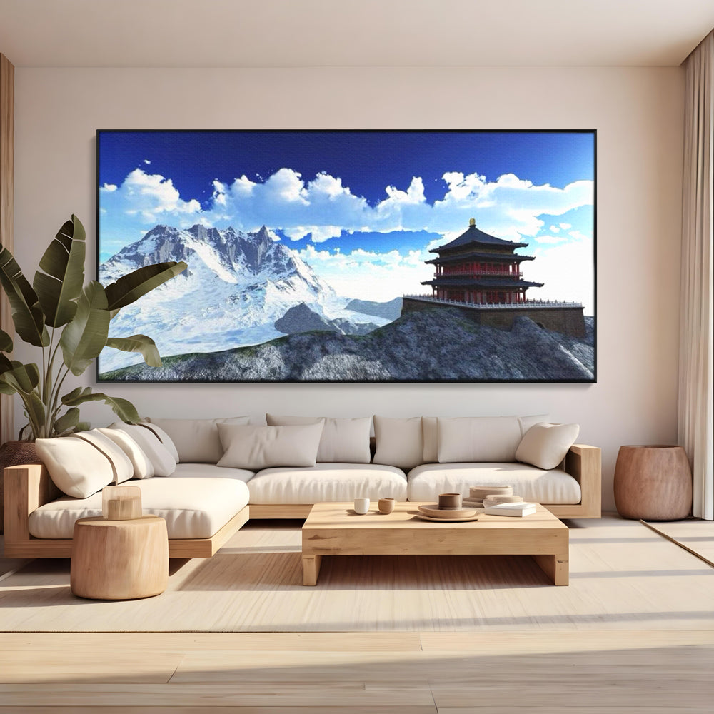 Leinwandbilder Premium LuxCanva® I100, Gipfel Heiligtum, Buddha, Tempel, Berge, Zen, Meditation, Stille, Natur, Spiritualität, Zuflucht, Balance, Wohnen, Schlafzimmer