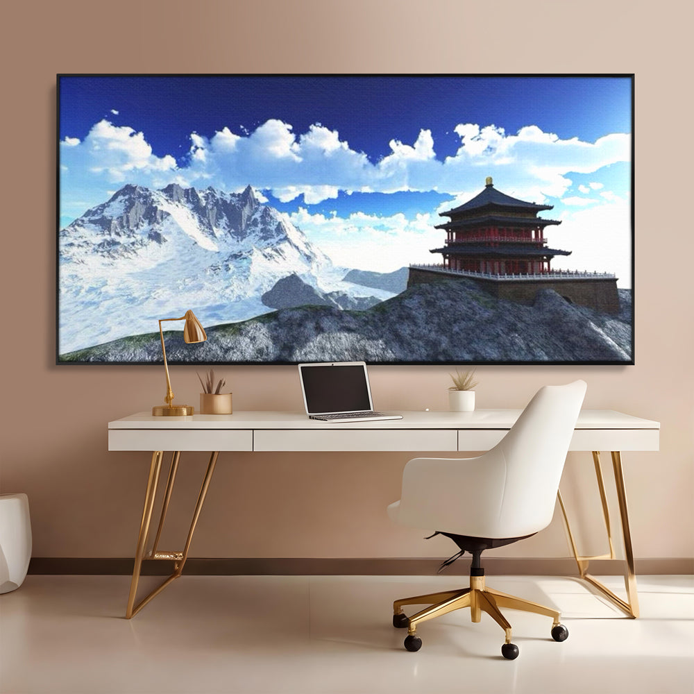 Leinwandbilder Premium LuxCanva® I100, Gipfel Heiligtum, Buddha, Tempel, Berge, Zen, Meditation, Stille, Natur, Spiritualität, Zuflucht, Balance, Wohnen, Schlafzimmer