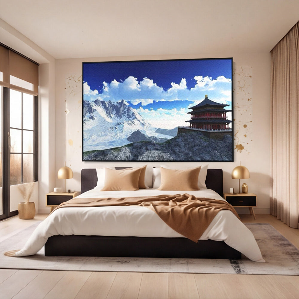 Leinwandbilder Premium LuxCanva® I100, Gipfel Heiligtum, Buddha, Tempel, Berge, Zen, Meditation, Stille, Natur, Spiritualität, Zuflucht, Balance, Wohnen, Schlafzimmer