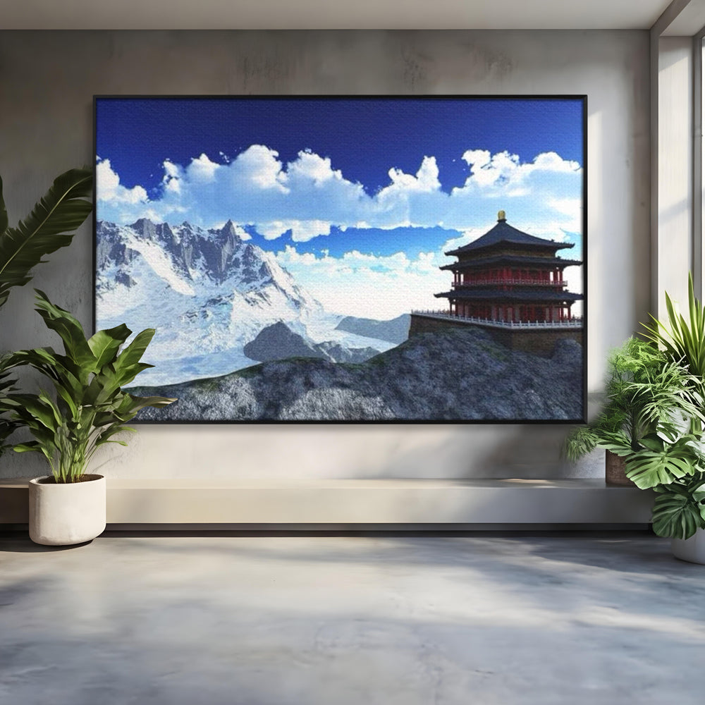 Leinwandbilder Premium LuxCanva® I100, Gipfel Heiligtum, Buddha, Tempel, Berge, Zen, Meditation, Stille, Natur, Spiritualität, Zuflucht, Balance, Wohnen, Schlafzimmer