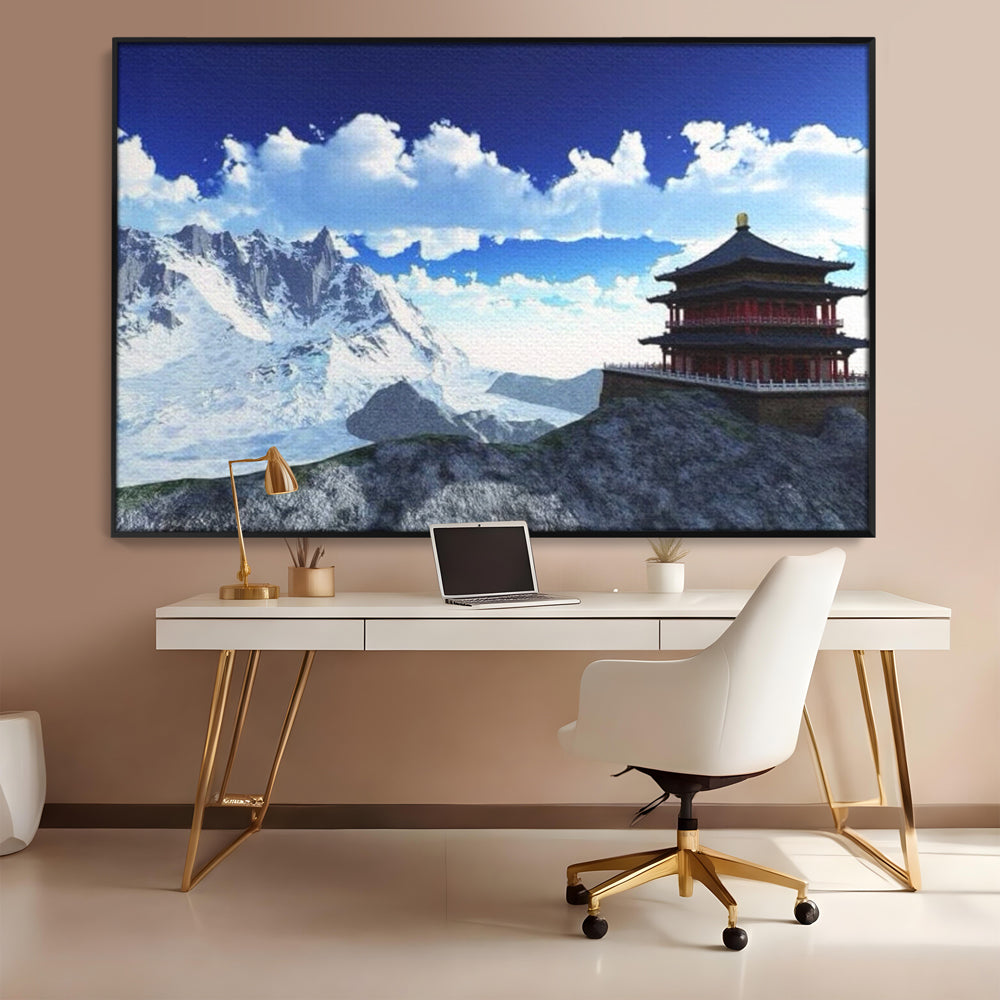 Leinwandbilder Premium LuxCanva® I100, Gipfel Heiligtum, Buddha, Tempel, Berge, Zen, Meditation, Stille, Natur, Spiritualität, Zuflucht, Balance, Wohnen, Schlafzimmer