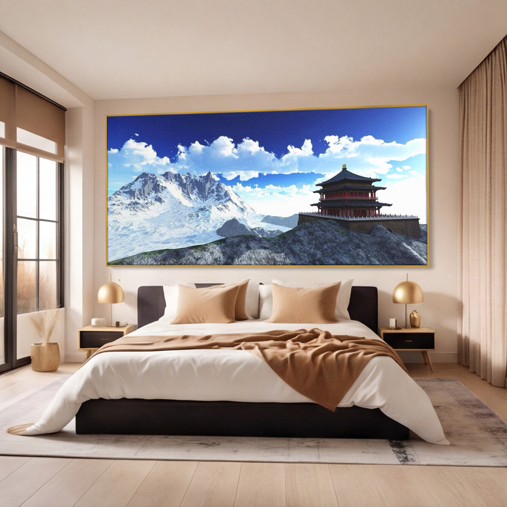 Leinwandbilder Premium LuxCanva® I100, Gipfel Heiligtum, Buddha, Tempel, Berge, Zen, Meditation, Stille, Natur, Spiritualität, Zuflucht, Balance, Wohnen, Schlafzimmer